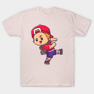 Cute Boy Going To School Cartoon T-Shirt